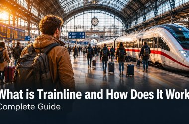 Traveller holding a smartphone with a train booking app inside a busy European train station with a modern high-speed train in the background and the title “What is Trainline and How Does It Work? Complete Guide”.