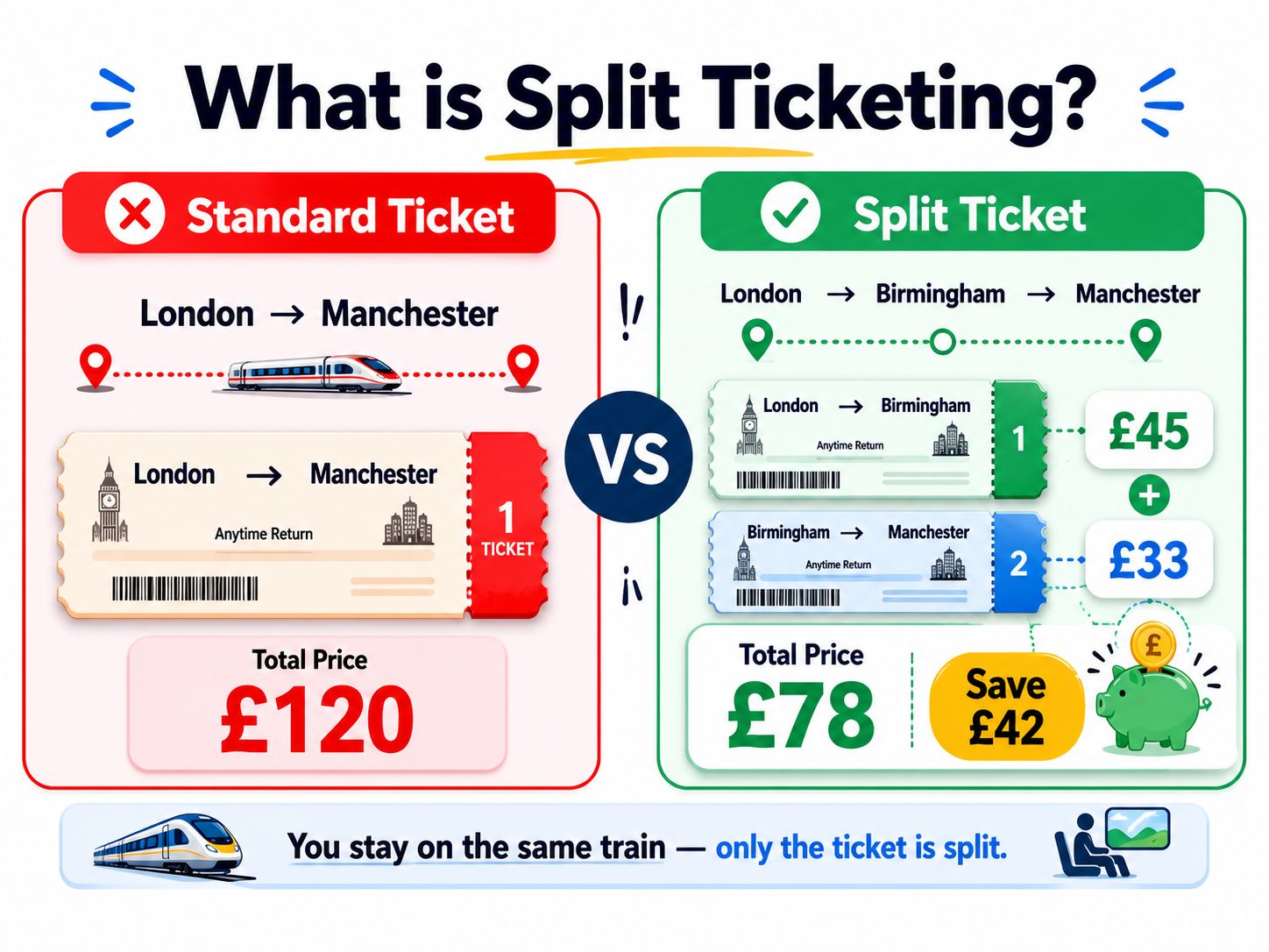 Comparison explaining split ticketing, showing a standard London to Manchester ticket costing £120 versus split tickets via Birmingham costing £78 and saving £42.
